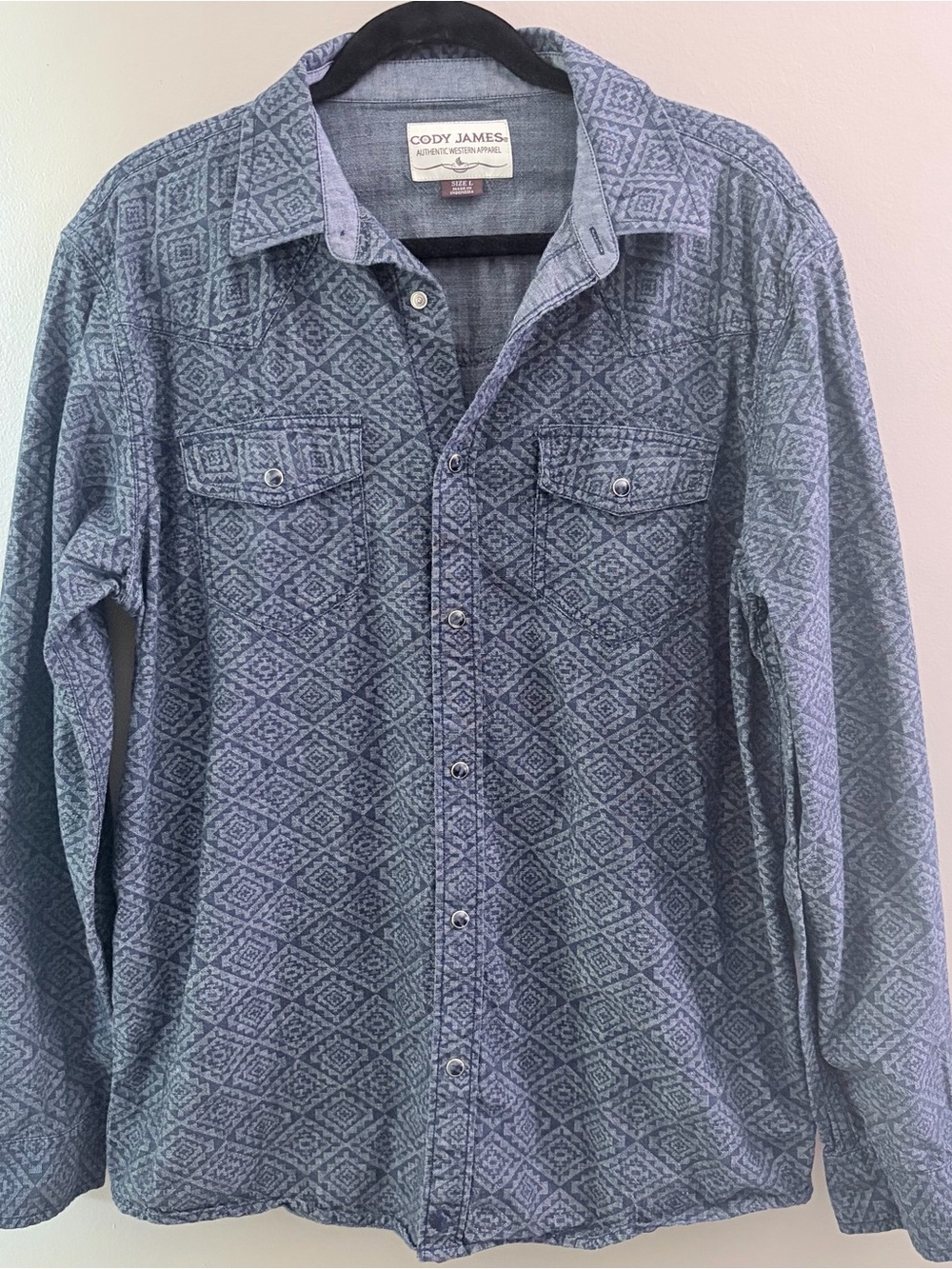 Cody James Men's Large Western Pearl Snap Shirt Geometric Blue Cotton